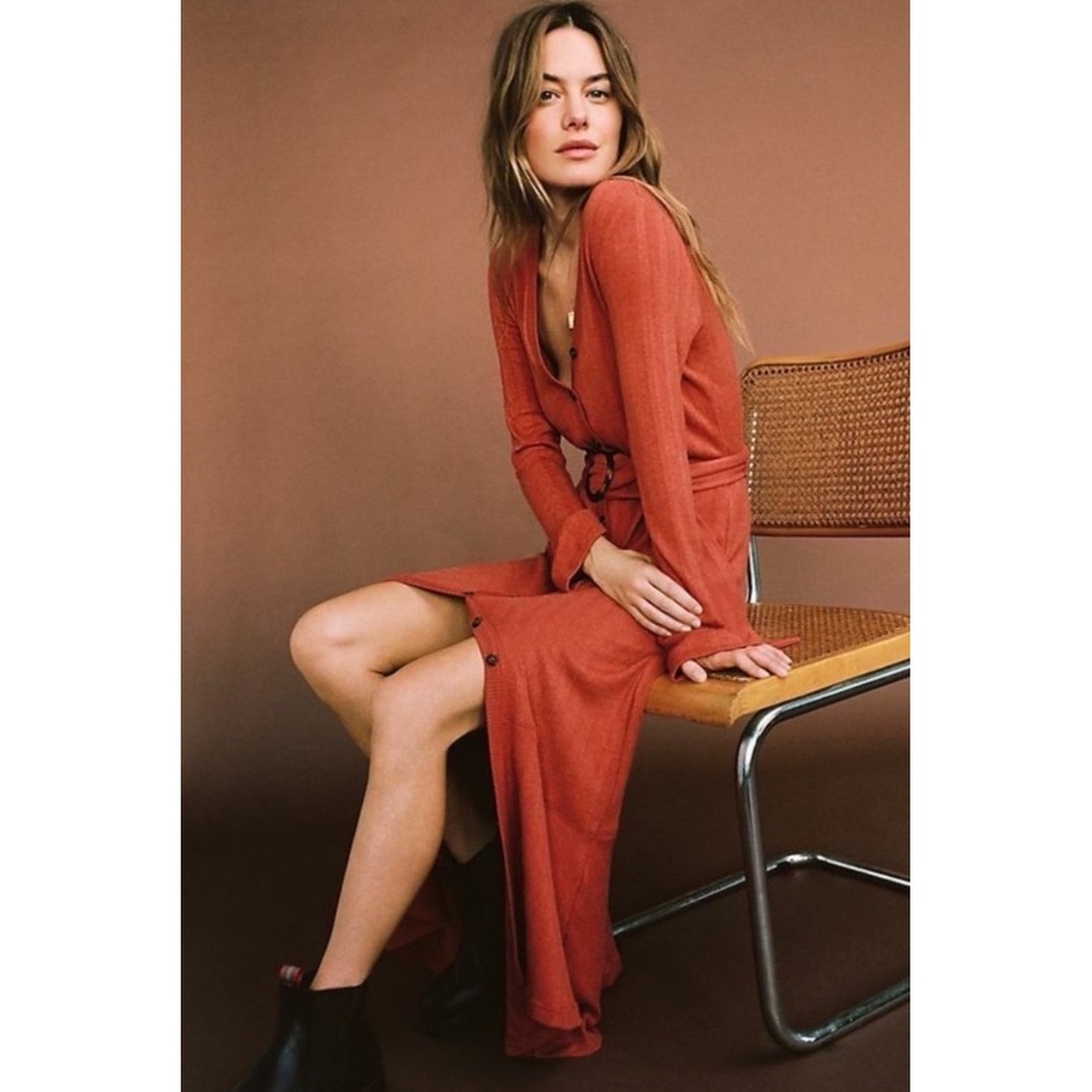 Anthropologie Elsa Rust Ribbed Knit Button Front Belted Midi Dress XS